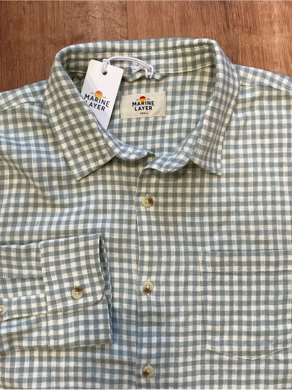 Marine Layer Classic Stretch Selvage Shirt Mens Small Marge Green Gingham Check